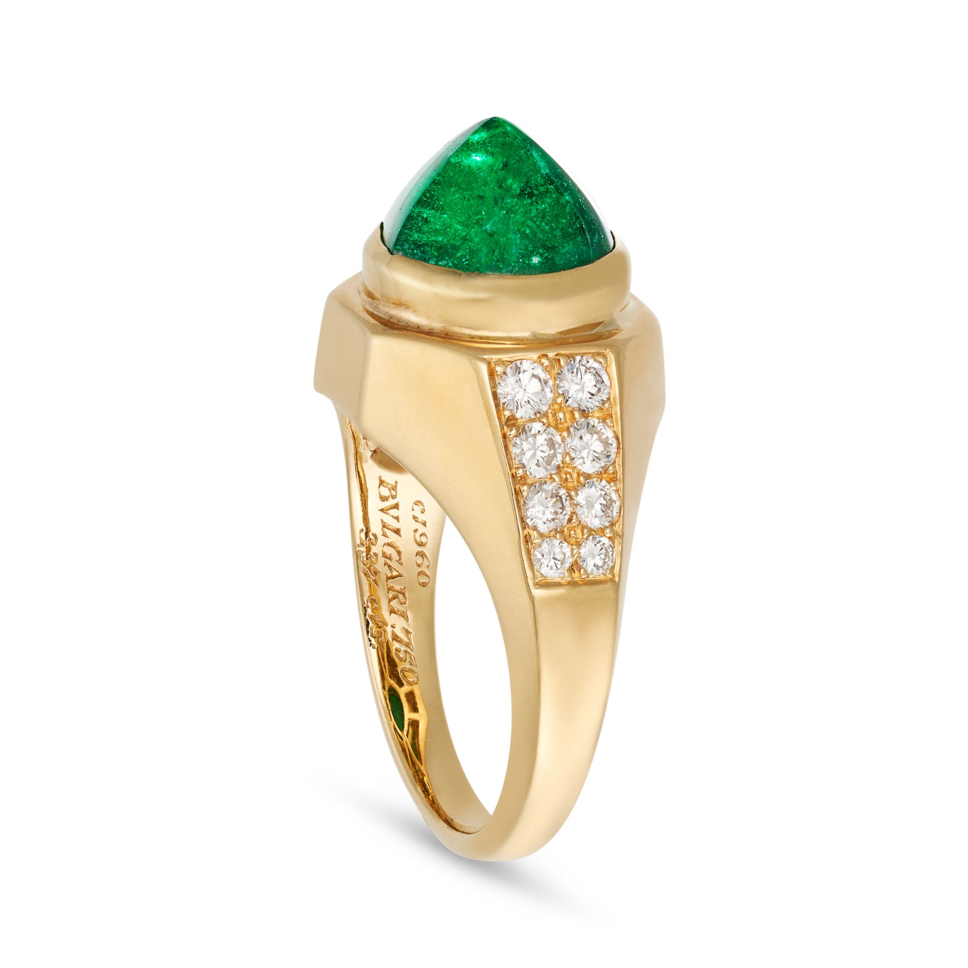 BULGARI, A FINE EMERALD AND DIAMOND RING, 1960 in 18ct yellow gold, set with a cabochon emerald o... - Image 2 of 2