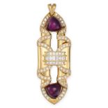 ADLER, AN AMETHYST AND DIAMOND PENDANT in 18ct yellow gold, the scrolling pendant set with two ca...