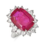 AN IMPORTANT 8.18 CARAT BURMA NO HEAT RUBY AND DIAMOND RING in platinum, set with a cushion cut r...