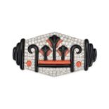 A CORAL, ONYX AND DIAMOND BROOCH in white gold, the geometric brooch set throughout with round br...
