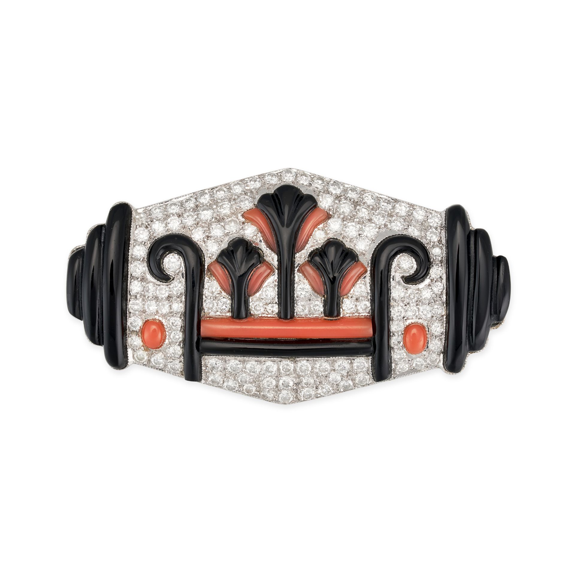 A CORAL, ONYX AND DIAMOND BROOCH in white gold, the geometric brooch set throughout with round br...