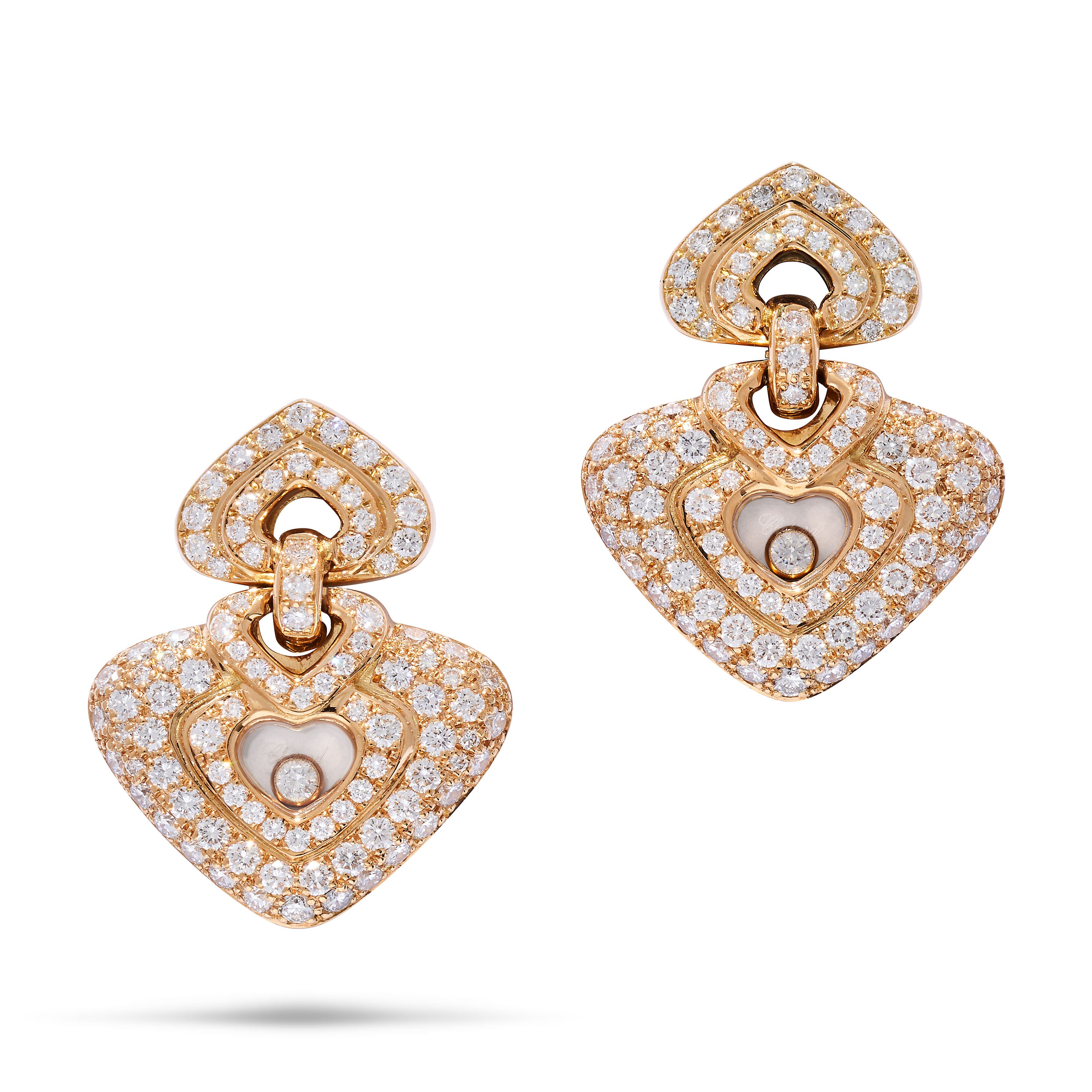 CHOPARD, A PAIR OF DIAMOND HAPPY DIAMOND HEART DROP EARRINGS in 18ct yellow gold, each comprising... - Image 2 of 2