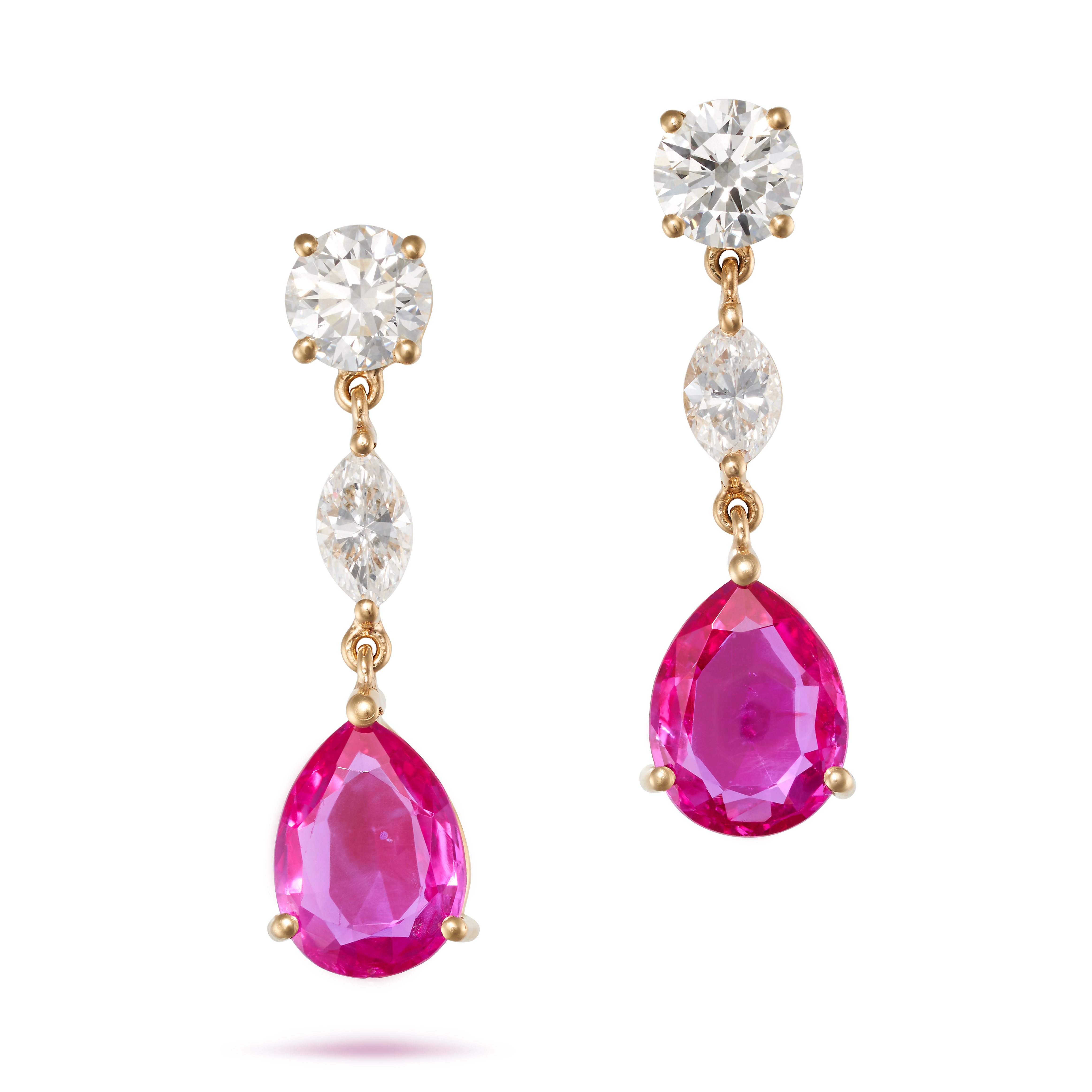 A PAIR OF BURMA NO HEAT PINK SAPPHIRE AND DIAMOND DROP EARRINGS in 18ct yellow gold, each set wit...