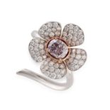 A FANCY PURPLISH PINK DIAMOND FLOWER RING in 18ct white gold, set with a fancy purplish pink cush...