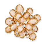 A CORAL AND DIAMOND FLOWER BROOCH in 18ct yellow gold, designed as a flower set with cabochon pal...