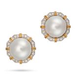 A PAIR OF MABE PEARL AND DIAMOND CLIP EARRINGS in yellow gold, each set with a large mabe pearl o...