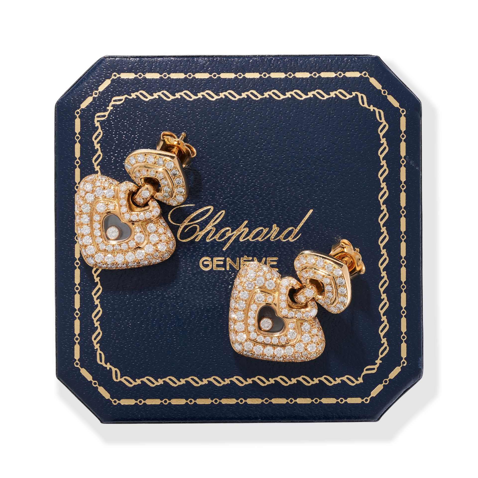 CHOPARD, A PAIR OF DIAMOND HAPPY DIAMOND HEART DROP EARRINGS in 18ct yellow gold, each comprising...