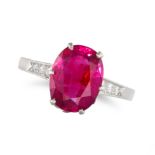 A FINE UNHEATED 4.65 CARAT RUBY AND DIAMOND RING in platinum, set with an oval cut ruby of 4.65 c...