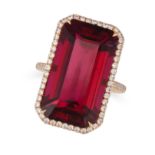 A VERY FINE RUBELLITE TOURMALINE AND DIAMOND RING in 18ct rose gold, set with an octagonal step c...