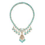A TURQUOISE AND DIAMOND FRINGE NECKLACE in 18ct yellow gold, set with a row of round cabochon tur...