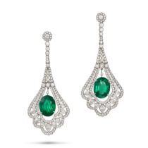 AN IMPORTANT AND EXCEPTIONAL PAIR OF EMERALD AND DIAMOND DROP EARRINGS in platinum, each in an or...