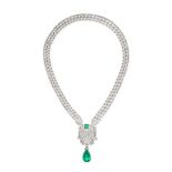 A COLOMBIAN EMERALD AND DIAMOND NECKLACE in 18ct white gold, comprising five articulated rows of ...