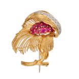 BEN ROSENFELD, A DIAMOND AND RUBY FLOWER BROOCH, 1960S in 18ct yellow gold, designed as a stylise...