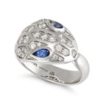 BULGARI, A SAPPHIRE AND DIAMOND SERPENTI RING in 18ct white gold, designed as a coiled snake set ...
