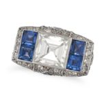 A FINE ART DECO DIAMOND AND SAPPHIRE RING in platinum, set with a square step cut diamond of appr...