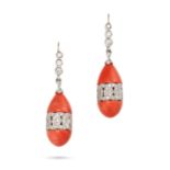 TIFFANY & CO., A PAIR OF CORAL AND DIAMOND DROP EARRINGS, MID 20th CENTURY in 18ct white gold, ea...