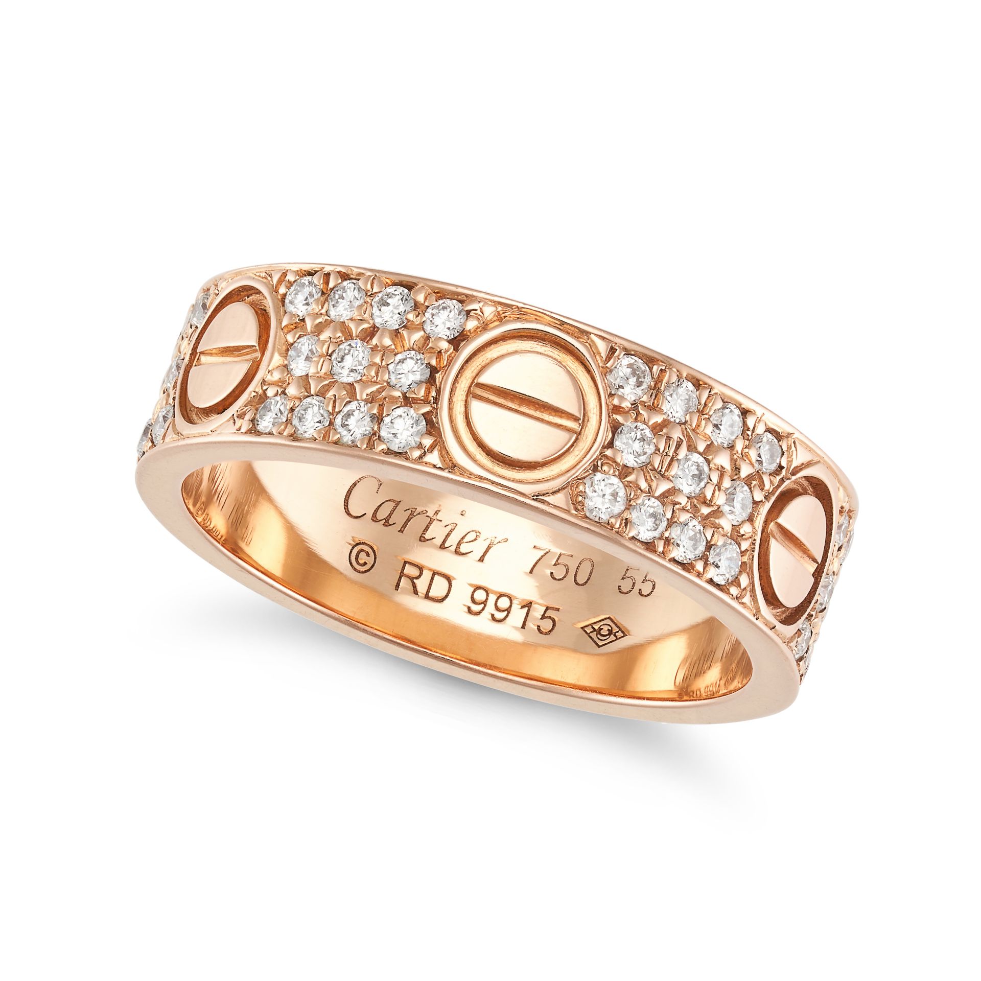 CARTIER, A DIAMOND LOVE RING in 18ct rose gold, the band pave set throughout with round brilliant...