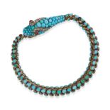 AN ANTIQUE VICTORIAN TURQUOISE, DIAMOND AND GARNET SNAKE BRACELET in yellow gold, designed as sna...