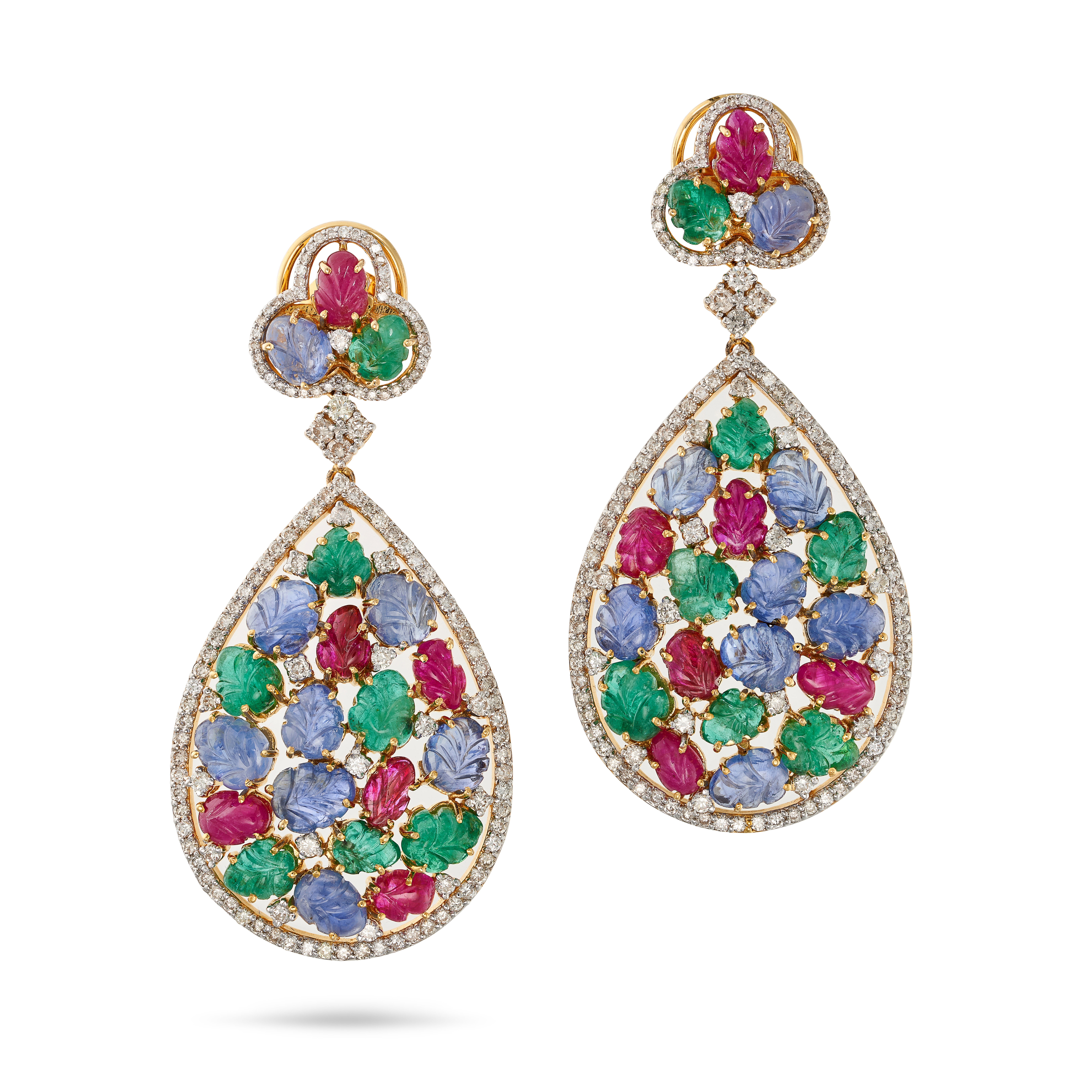 A PAIR OF RUBY, SAPPHIRE, EMERALD AND DIAMOND TUTTI FRUTTI EARRINGS in 18ct yellow gold, each set...