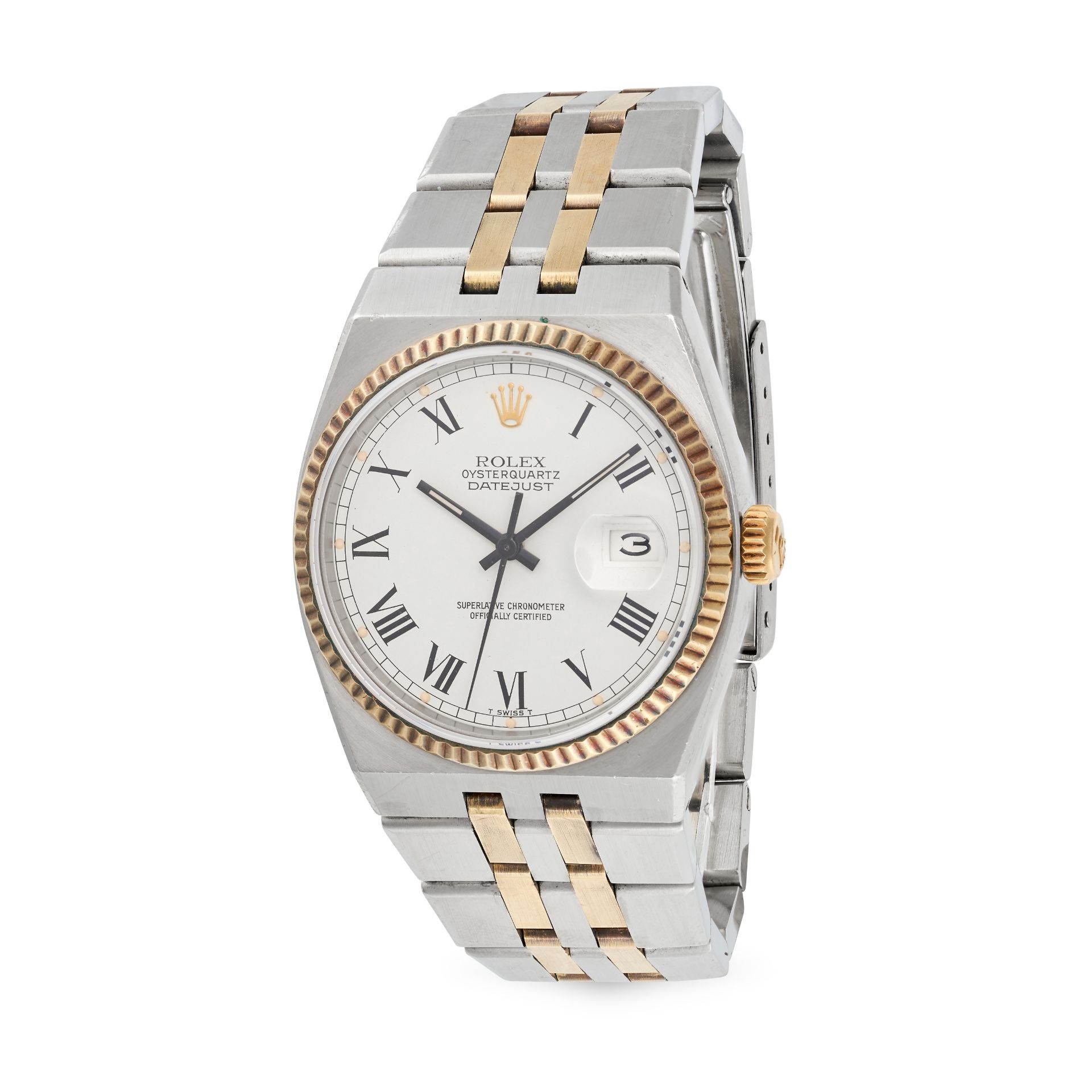 ROLEX - A VINTAGE BIMETAL ROLEX OYSTERQUARTZ DATEJUST in stainless steel and gold, the circular c...
