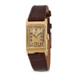OMEGA - A VINTAGE OMEGA WRISTWATCH in 14ct yellow gold, c.1930s, the rectangular silvered dial wi...
