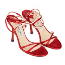 JIMMY CHOO RED SATIN HEELS Condition grade B-. Size 37. Heel height 10.5cm. Red toned satin wit...