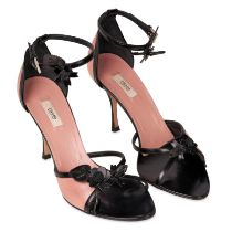 NO RESERVE - PRADA BLACK AND PINK FLOWER HEELS Condition grade B-. Size 36. Heel height 9.5cm. ...