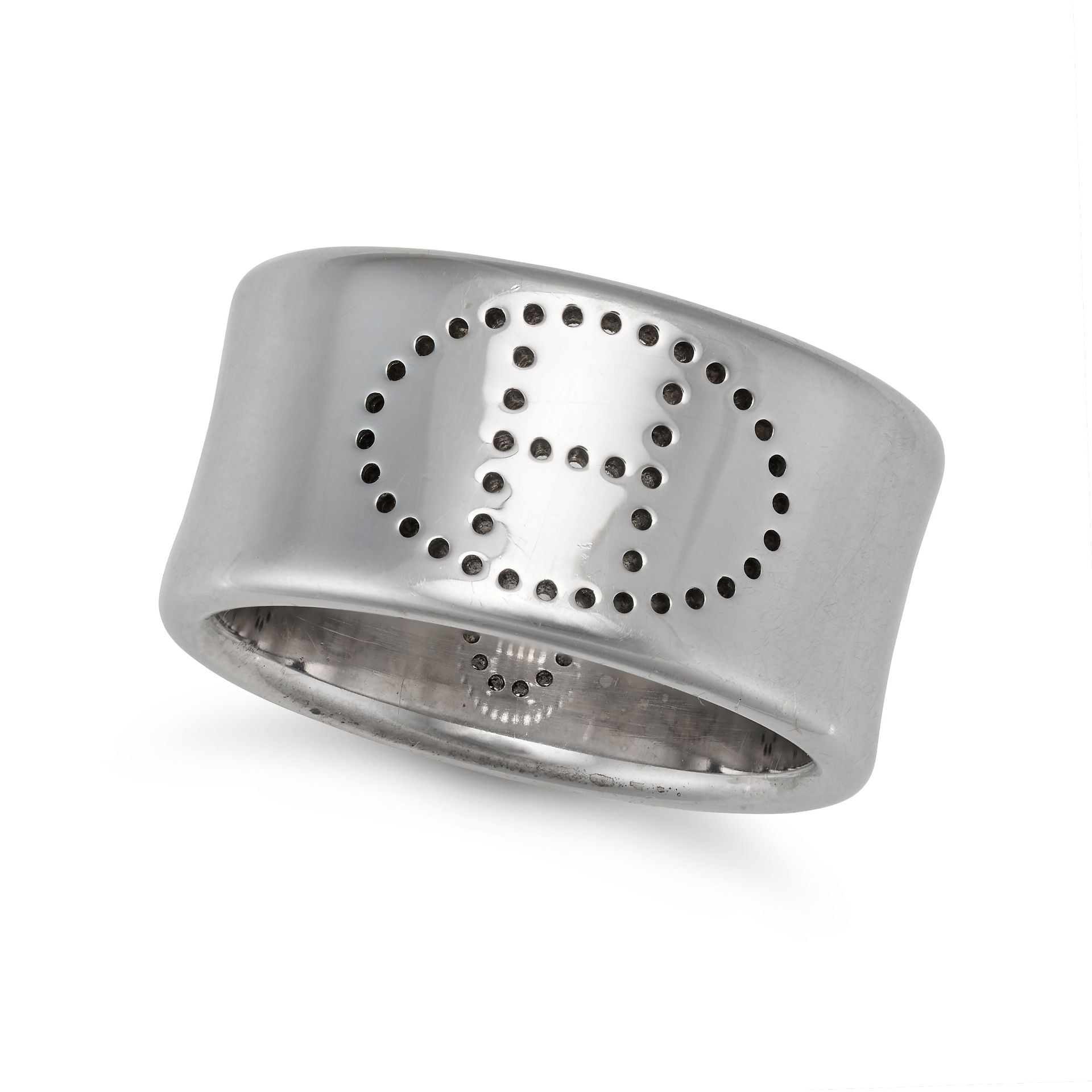 HERMES, A PERFORATED H STERLING SILVER RING, signed 'Hermes', size N, 13g. Includes original box.