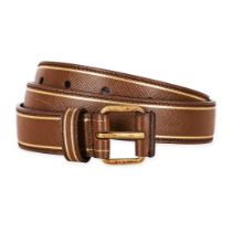 PRADA SAFFIANO LEATHER BROWN AND GOLD BELT Condition grade B-. 90cm total length, 2.3cm width. ...