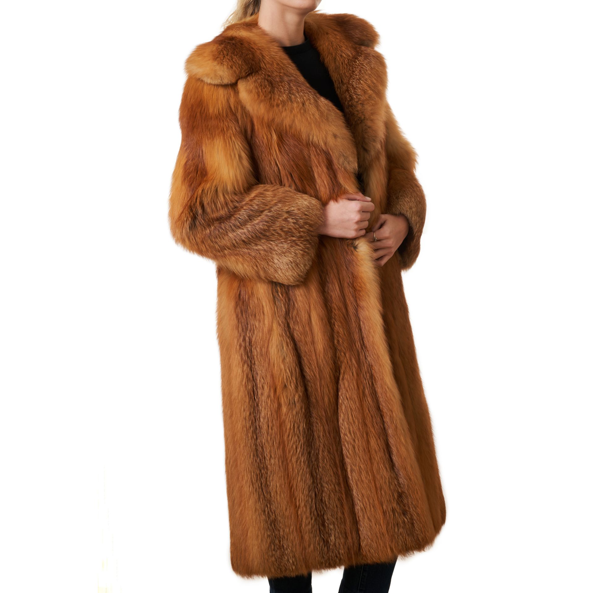 ORANGE LONGLINE FUR COAT Condition grade B. 90cm chest, 120cm length. Orange toned longline fur...