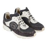 CHANEL CHUNKY TWO TONE TRAINERS Condition grade B. Size 40. Navy blue and ivory toned lace-up t...