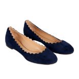 CHLOE NAVY SUEDE SCALLOPED FLATS Condition grade A-. Size 39. Navy blue toned suede flats with ...