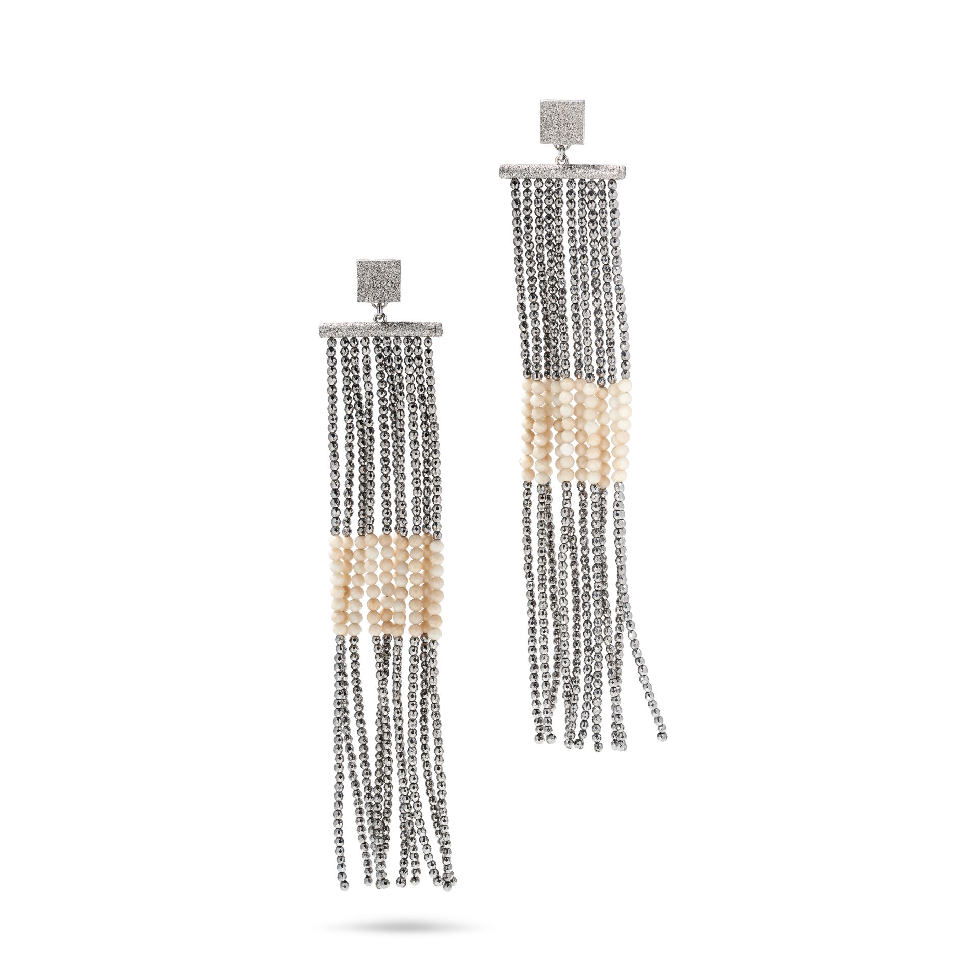 BRUNELLO CUCINELLI, A PAIR OF BEADED EARRINGS, each designed as a tassel comprising dark silver a...