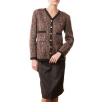 CHANEL VINTAGE BROWN TWEED SKIRT SET Condition grade B+. Size French 40. Jacket 90cm chest, 65c...