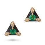 A PAIR OF EMERALD, DIAMOND AND ENAMEL EARRINGS in 18ct yellow gold, each set with a round cut eme...