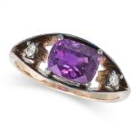 A PURPLE SAPPHIRE AND DIAMOND RING in yellow gold, set with a cushion cut purple sapphire of appr...
