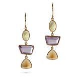 A PAIR OF AMETHYST, CITRINE AND SMOKEY QUARTZ EARRINGS in 18ct yellow gold, each set with an oval...