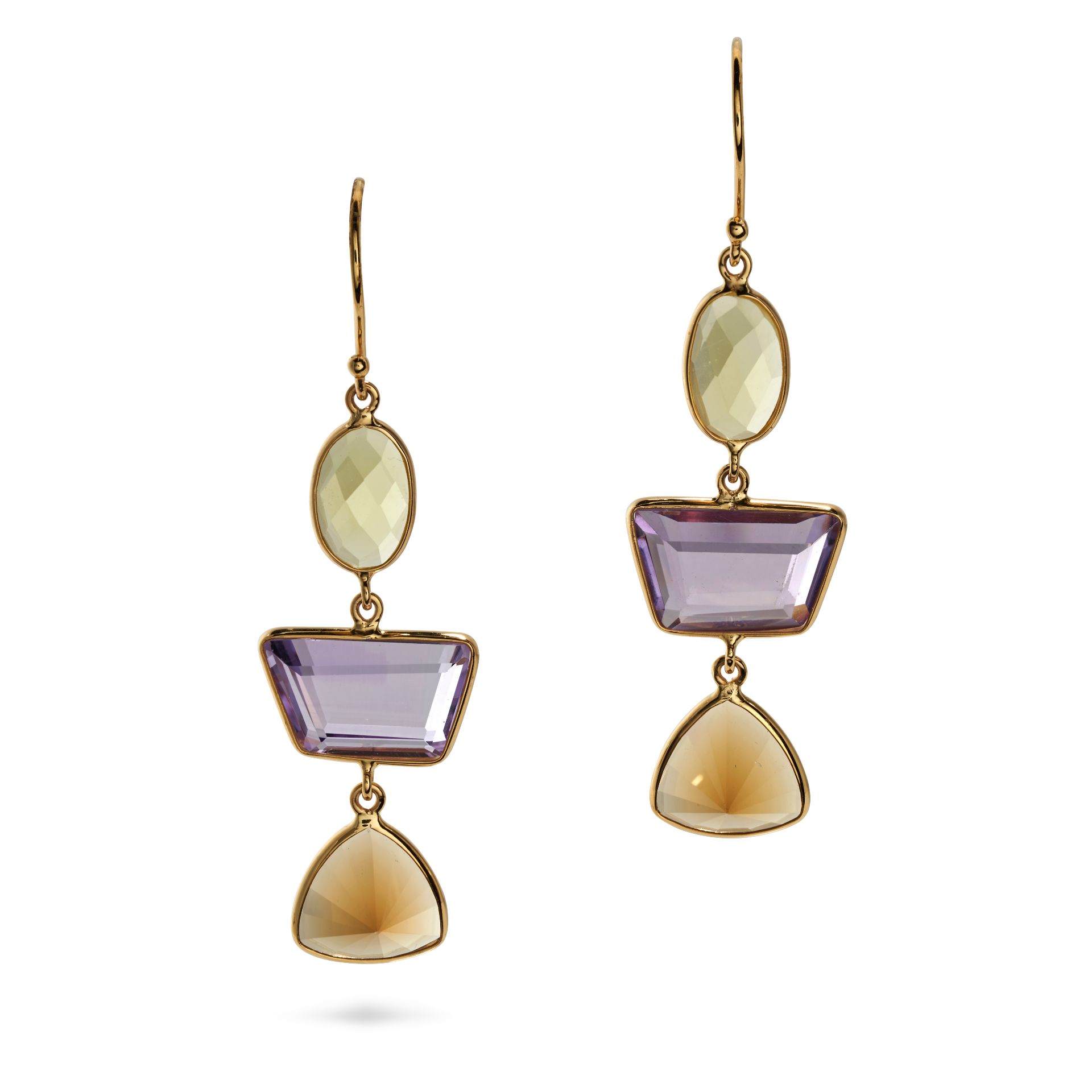A PAIR OF AMETHYST, CITRINE AND SMOKEY QUARTZ EARRINGS in 18ct yellow gold, each set with an oval...