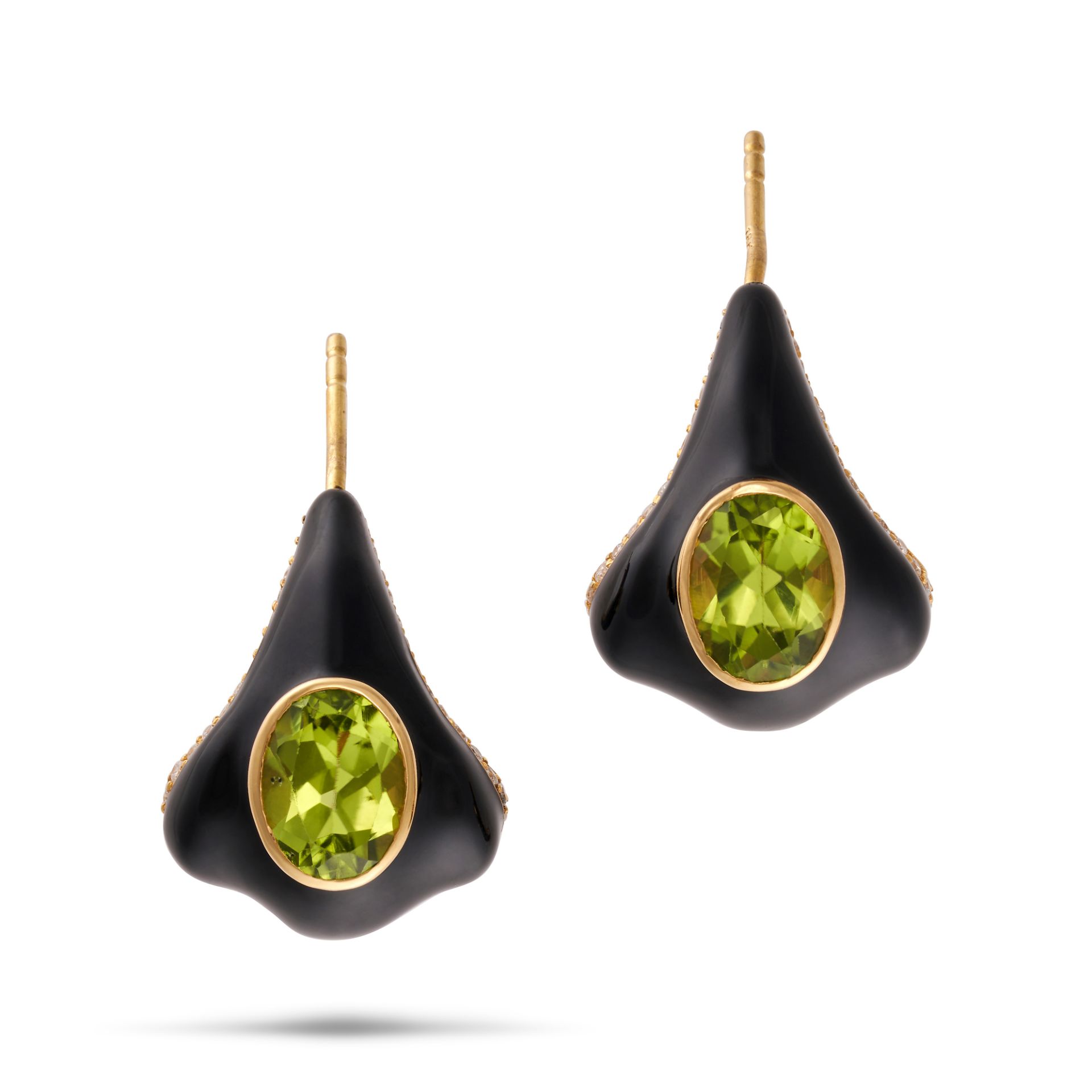 A PAIR OF PERIDOT, ENAMEL AND DIAMOND EARRINGS in 18ct yellow gold, each set with an oval cut per...