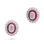 A PAIR OF DIAMOND AND RUBY TARGET EARRINGS in 18ct white gold, each set with a rose cut diamond i...