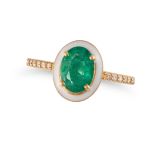 AN EMERALD, ENAMEL AND DIAMOND RING in 18ct yellow gold, set with an oval cut emerald in a border...