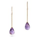 A PAIR OF AMETHYST DROP EARRINGS in 18ct yellow gold, each comprising a trace chain suspending a ...