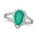 AN EMERALD AND DIAMOND RING in 14ct white gold, set with a pear cut emerald of 2.10 carats, in a ...