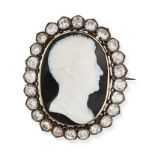AN ANTIQUE ONYX AND DIAMOND MOURNING CAMEO BROOCH set with an agate cameo carved to depict the pr...