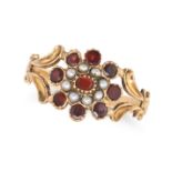 AN ANTIQUE GARNET AND PEARL CLUSTER RING in yellow gold, set with an oval cut garnet in a cluster...