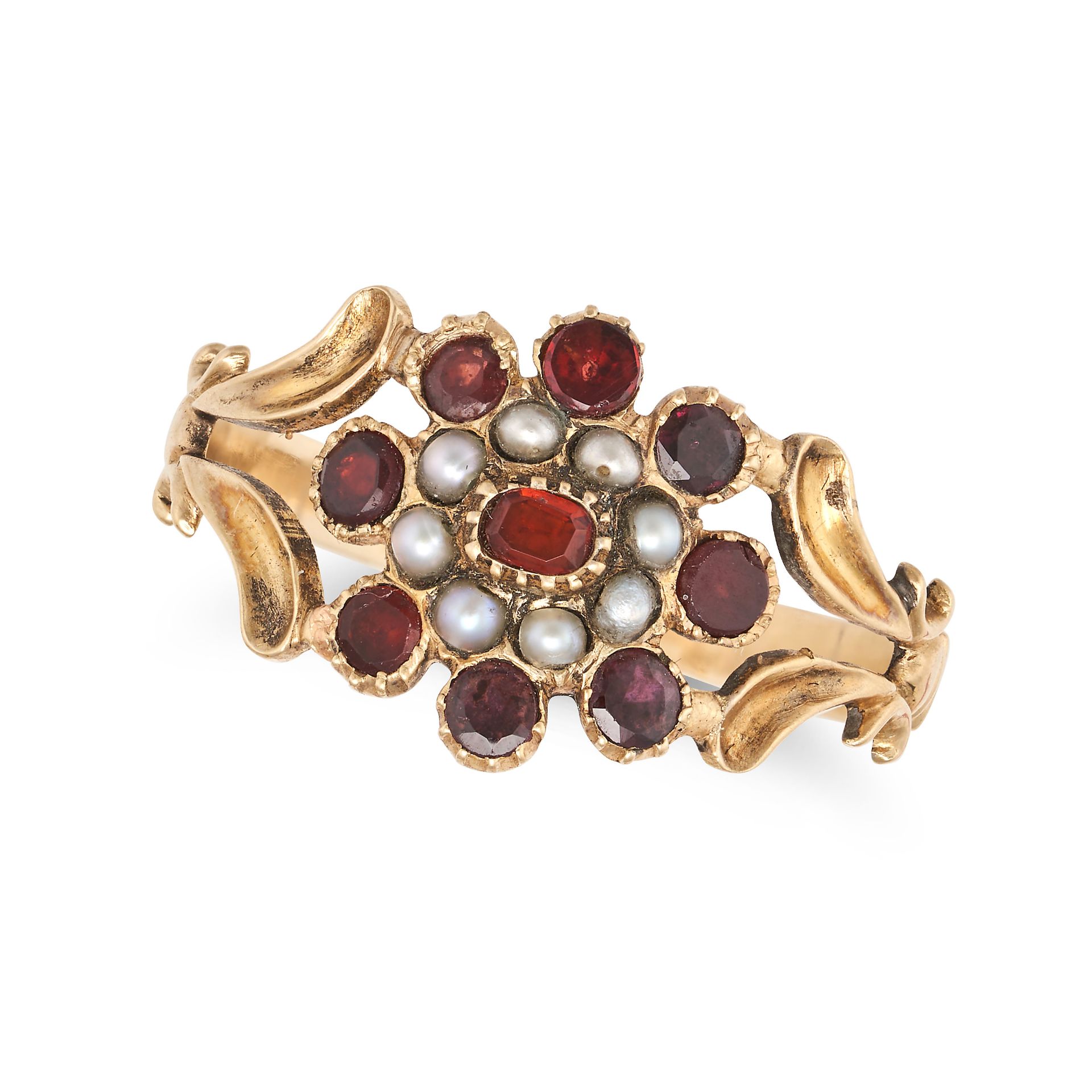 AN ANTIQUE GARNET AND PEARL CLUSTER RING in yellow gold, set with an oval cut garnet in a cluster...