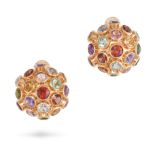 A PAIR OF MULTIGEM SPUTNIK EARRINGS in yellow gold, the domed bodies set with round cut amethyst,...