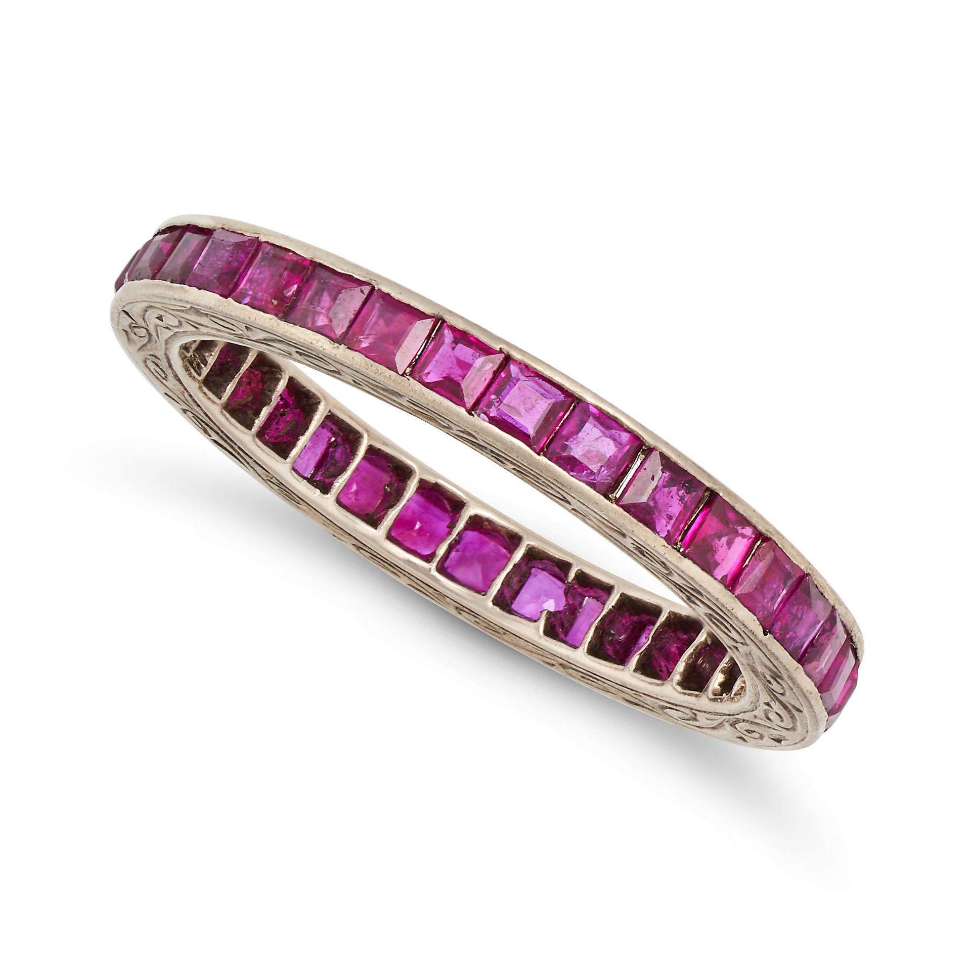 A RUBY FULL ETERNITY RING set all around with a row of square step cut rubies, no assay marks, si...