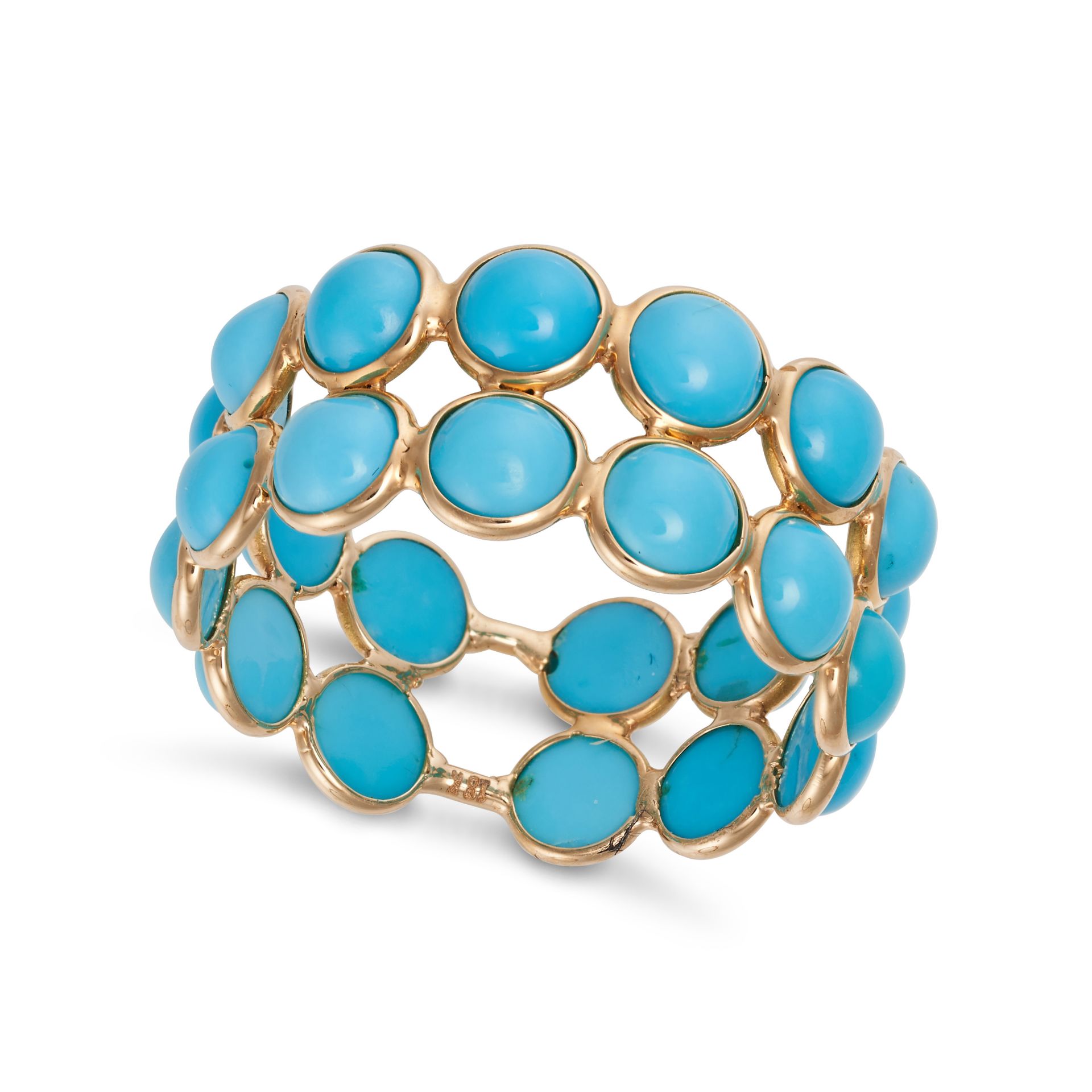 A TURQUOISE ETERNITY RING in 18ct yellow gold, set all around with two rows of round cabochon tur...
