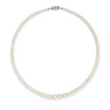 A NATURAL SALTWATER PEARL AND DIAMOND NECKLACE in white gold, comprising a graduating row of pear...